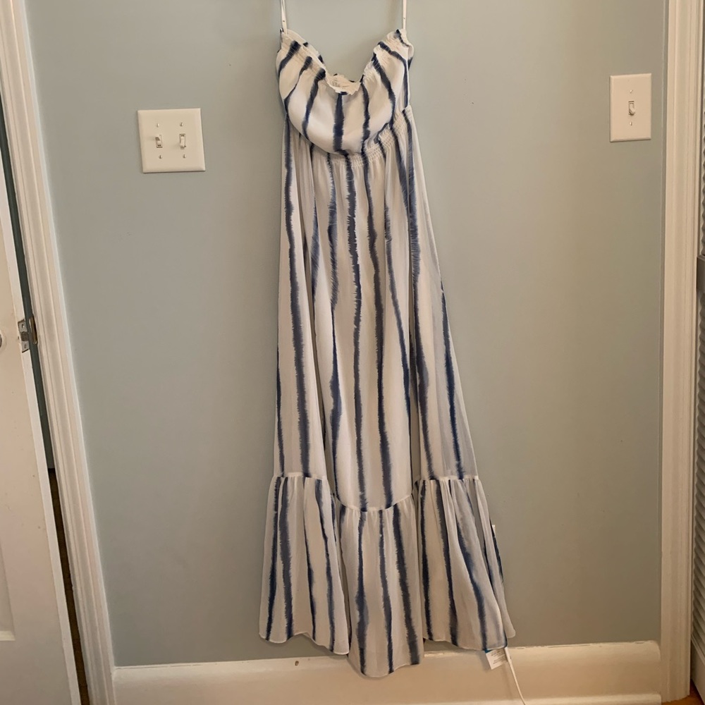 White with blue a stripes, strapless maxi dress
